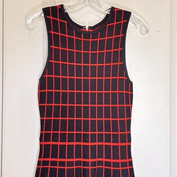Ali Ro Navy Blue Orange Plaid Sleeveless Knit Fit Flare Tank Dress S - Picture 2 of 12